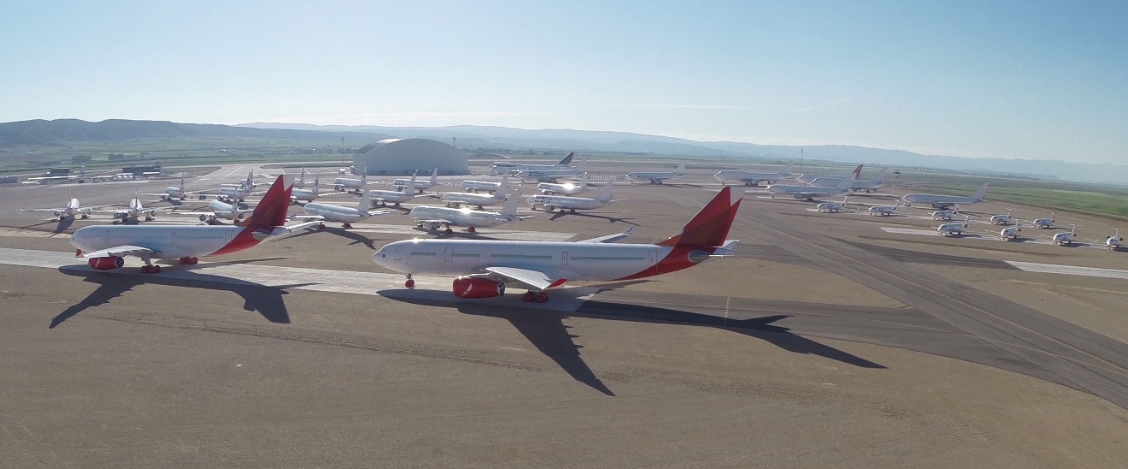 Airliners in storage at the Tarmac Aerosave facility at the Teruel Airport in Spain